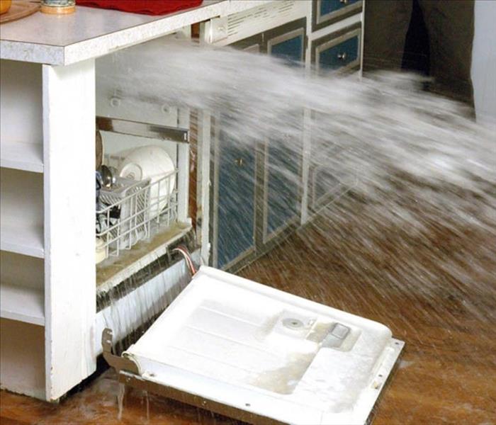 an open dishwasher ejects water onto kitchen floor